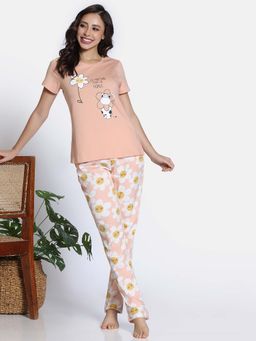 Zivame - Almost Apricot Peach Knit Cotton T-Shirt with Pyjama