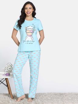 Zivame - Atomizer Blue Knit Cotton T-Shirt with Pyjama