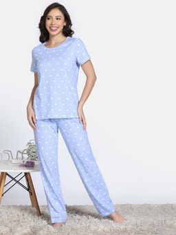 Zivame - Dutch Canel Blue Knit Cotton T-Shirt with Pyjama