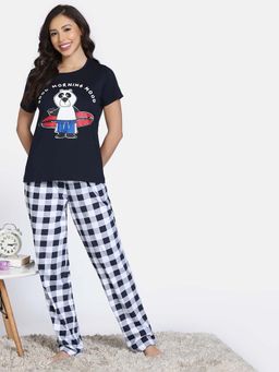 Zivame - Navy Blue Knit Cotton T-Shirt with Pyjama