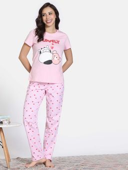 Zivame - Fairy Tale Pink Knit Cotton T-Shirt with Pyjama