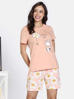 Zivame - Almost Apricot Peach Knit Cotton Top with Shorts
