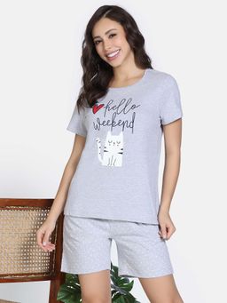 Zivame - Grey Mel Knit Cotton Top with Shorts