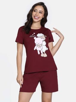 Zivame - Maroon Knit Cotton Top with Shorts