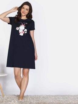 Zivame - Navy Blue 2 Mile Fashion Knit Cotton Night Dress