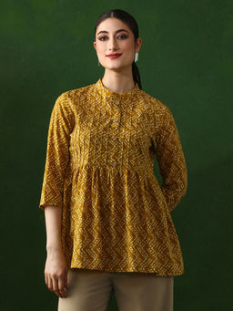 Jaipur Kurti - Mustard Floral Printed A-Line Pure Cotton Top