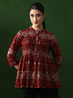 Jaipur Kurti - Maroon Floral Printed A-Line Pure Cotton Top