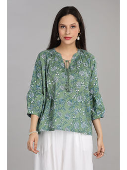 BulBul - Women Green Floral All Over Printed Mandarin Collar Top