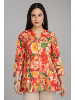 BulBul - Women Mandarin Collar Button Down Pink Printed Shirt