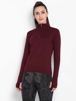 ap'pulse - Womens Hi Neck Zipper Thumb open T-shirt - Maroon