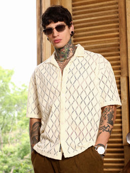Campus Sutra - Men's Cream Argyle-Crochet Resort Shirt
