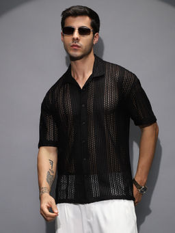Campus Sutra - Men's Onyx Black Solid Open-Knit Resort Shirt