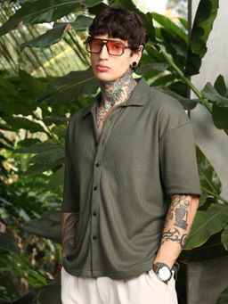 Campus Sutra - Men's Seaweed Green Waffle-Knit Shirt