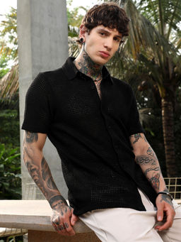 Campus Sutra - Men's Onyx Black Solid-Knit Oversized Shirt