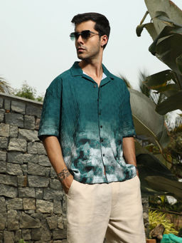Campus Sutra - Men's Teal Green Abstract-Ombre Oversized Shirt