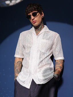 Campus Sutra - Men's Daisy White Swirl Open-Knit Shirt