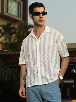 Campus Sutra - Men's Off-White Swirl Open-Knit Resort Shirt