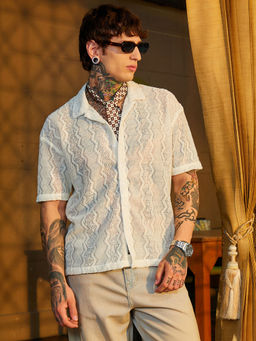 Campus Sutra - Men's Off White Swirl Open-Knit Resort Shirt
