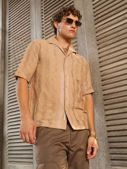 Campus Sutra - Men's Sand Beige Swirl Open-Knit Shirt