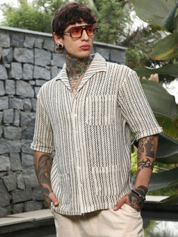 Campus Sutra - Men's Off-White And Indigo Blue Striped Crochet Shirt