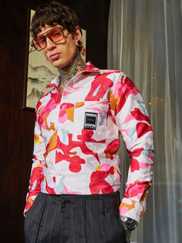 Campus Sutra - Men's Cream White And Scarlet Red Floral-Tactile Relaxed Shirt