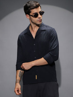 Campus Sutra - Men's Midnight Black Textured-Cuban Shirt
