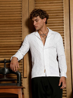 Campus Sutra - Men's Daisy White Textured-Cuban Shirt