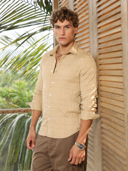 Campus Sutra - Men's Sand Beige Grid-Tactile Shirt