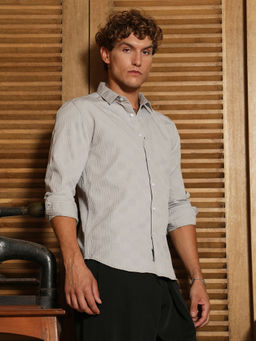 Campus Sutra - Men's Cloud Grey Grid-Check Tactile Shirt