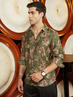 Campus Sutra - Men's Olive Green Withering-Bloom Shirt