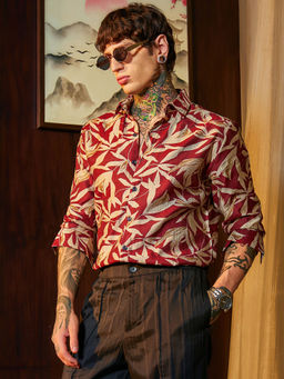 Campus Sutra - Men's Sangria Red Flore Noir Shirt