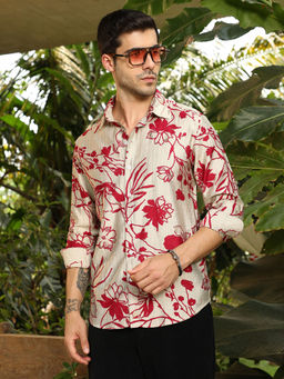 Campus Sutra - Men's Scarlet Red Freesia-Imprint Shirt