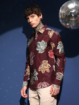 Campus Sutra - Men's Burgundy Floret Imprint Shirt