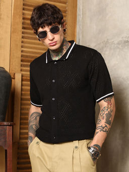 Campus Sutra - Men's Onyx Black Logenze Open-Knit Shirt