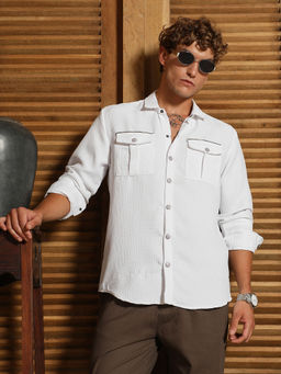Campus Sutra - Men's Chalk White Safari-Utility Relaxed Shirt