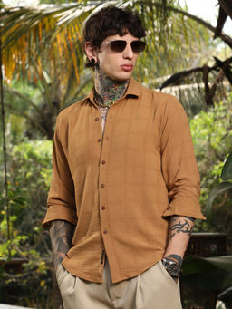 Campus Sutra - Men's Mustard Ochre Graph-Texture Shirt