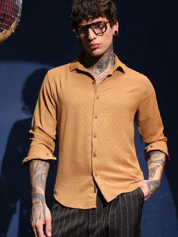 Campus Sutra - Men's Sienna Mustard Rhombus-Texture Shirt