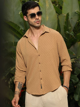 Campus Sutra - Men's Ecru Brown Rhombus-Texture Shirt