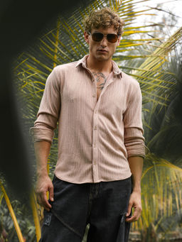 Campus Sutra - Men's Saltbox Beige Ribbed-Rope Tactile Shirt