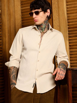 Campus Sutra - Men's Ecru Beige Braid-Lined Tactile Shirt