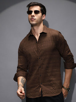 Campus Sutra - Men's Chocolate Brown Grid-Tactile Shirt