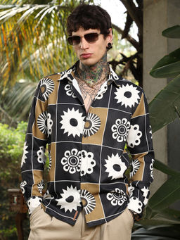 Campus Sutra - Men's Midnight Black And Chocolate Brown Bloom-Bloc Shirt