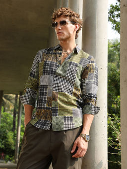 Campus Sutra - Men's Olive Green Houndstooth Block Shirt