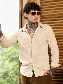 Campus Sutra - Men's Ecru Beige Cube-Textured Shirt