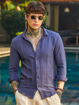 Campus Sutra - Men's Berry Blue Parallel-Check Tactile Shirt