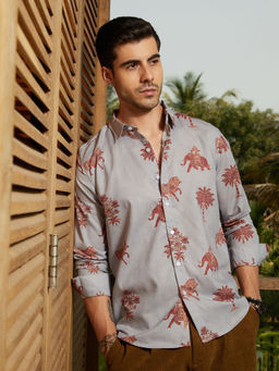 Campus Sutra - Men's Cloud Grey And Chocolate Brown Vedic-Imprint Shirt