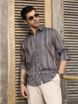 Campus Sutra - Men's Coin Grey Artistic-Stripe Shirt