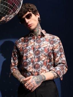 Campus Sutra - Men's Cloud Grey And Russet Brown All-Over-Roses Shirt