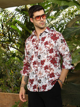 Campus Sutra - Men's Crimson Red Hibiscus Imprint Shirt