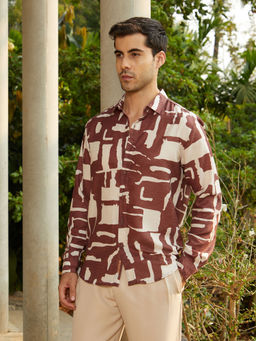 Campus Sutra - Men's Ivory White And Chocolate Brown Abstructural Shirt